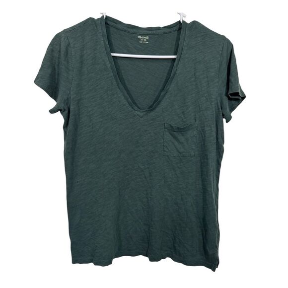 Madewell Pine Green 100% Cotton Burnout V-Neck Short Sleeve T-Shirt - Picture 1 of 5